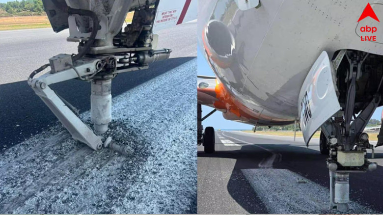 নোজ গিয়ার ভেঙে রানওয়েতে আটকা যাত্রীবাহী বিমান