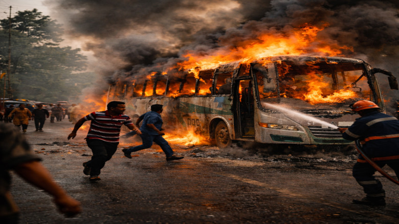 শাজাহানপুরে চলন্ত বাসে আগুন, বড় দুর্ঘটনা থেকে রক্ষা